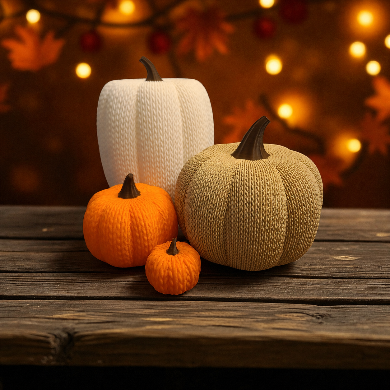 Four knit-textured pumpkins in cream, beige, and orange on a rustic wooden table